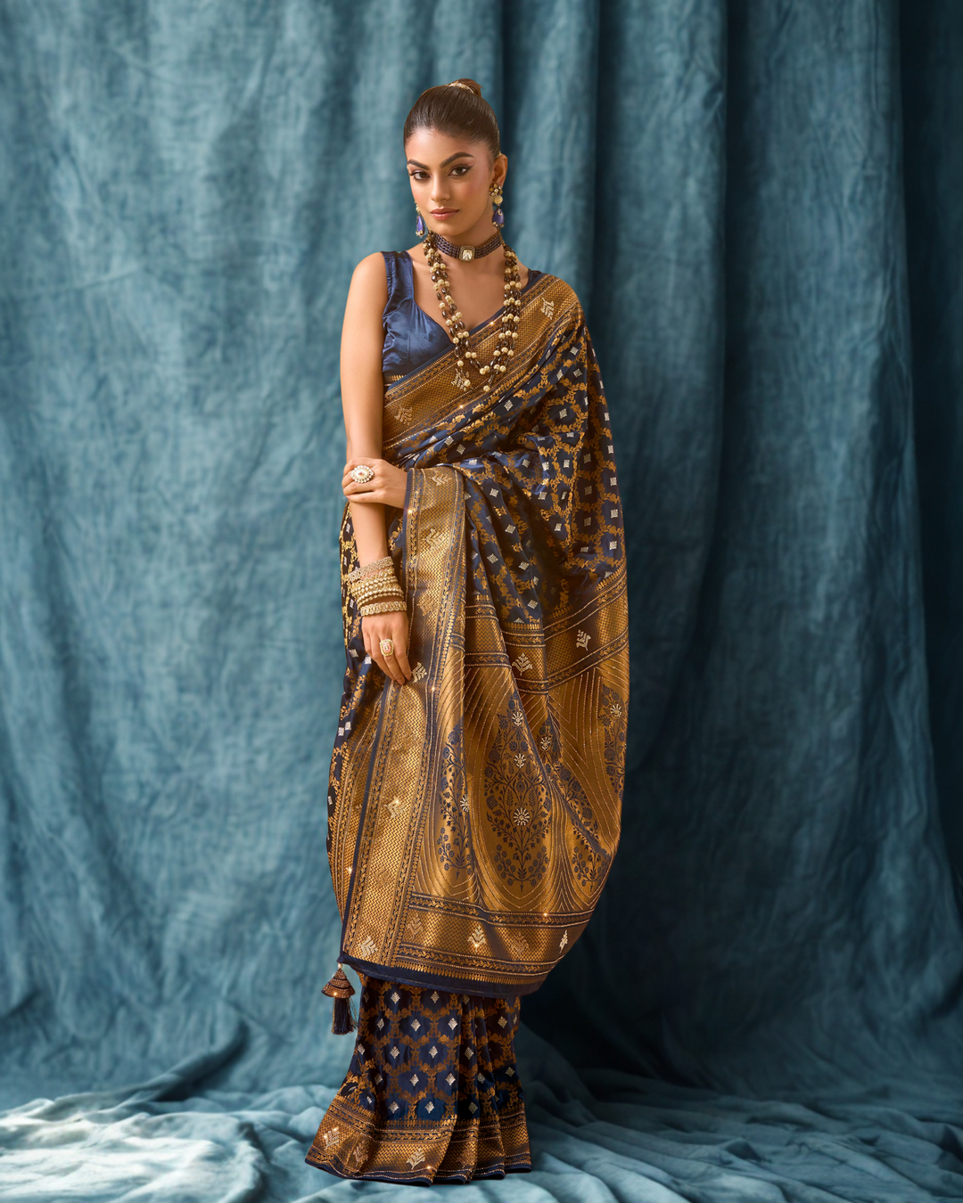 Meher – Navy Blue Banarasi Silk Saree with Gold Zari Buttas | Fazals