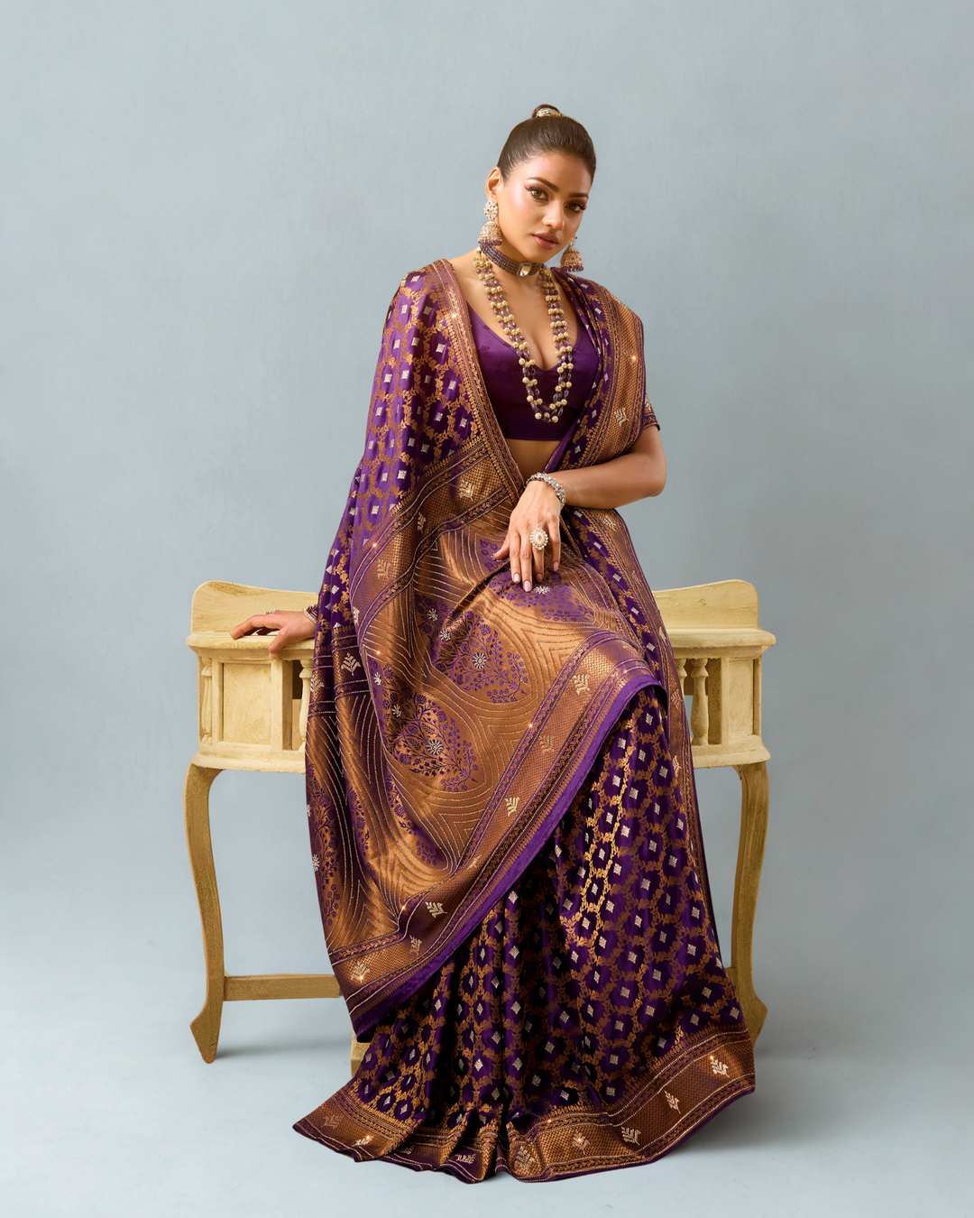 Vaidehi – Purple Banarasi Silk Saree with Copper Zari Weave | Fazals