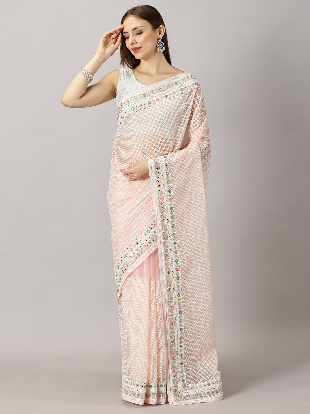 Sia - Organza Pink Thread work Embroidered Saree