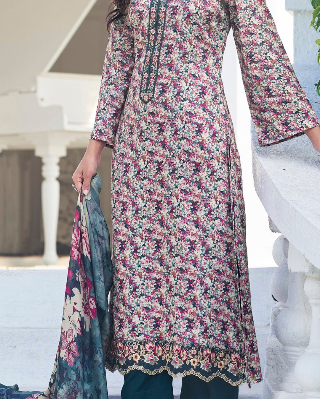 2781 - Printed Cotton Embroidered Suit With Muslin Duppatta