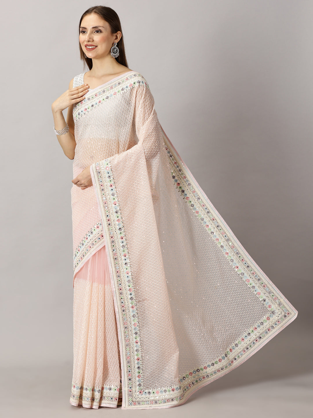 Sia - Organza Pink Thread work Embroidered Saree
