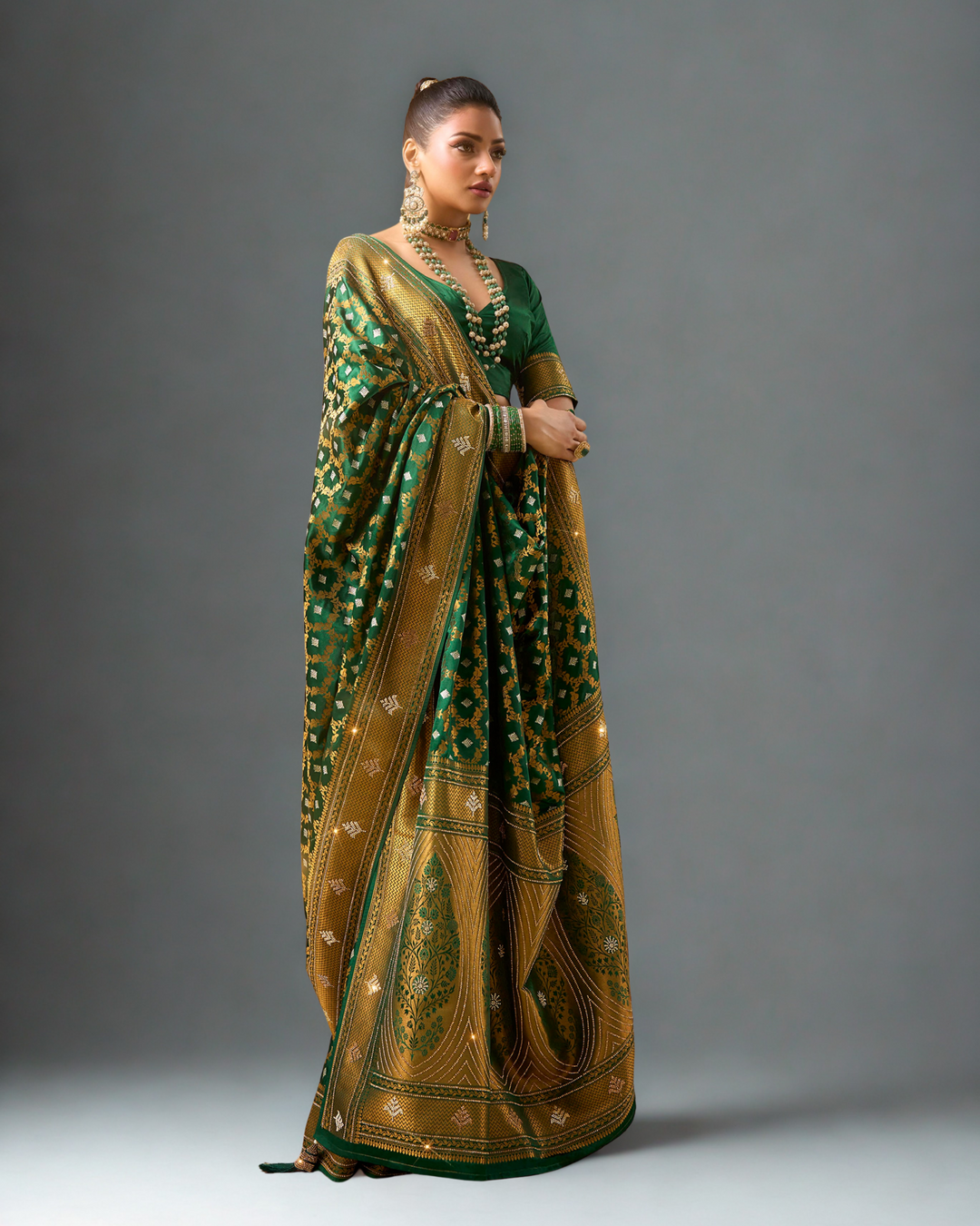 Sharvani – Green Banarasi Silk Saree with Antique Gold Zari | Fazals