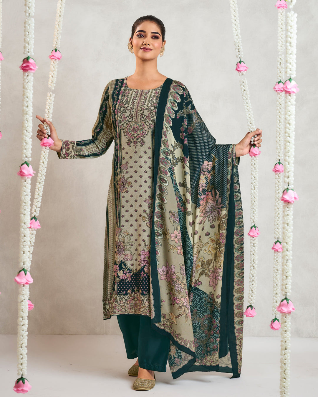 8044A-Elegant Beige Muslin Suit Set with Delicate Floral Print & Dupatta