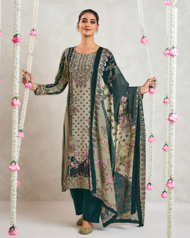 8044A-Elegant Beige Muslin Suit Set with Delicate Floral Print & Dupatta