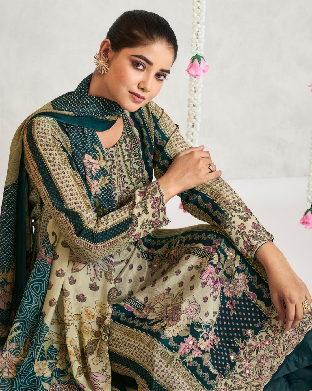 8044A-Elegant Beige Muslin Suit Set with Delicate Floral Print & Dupatta