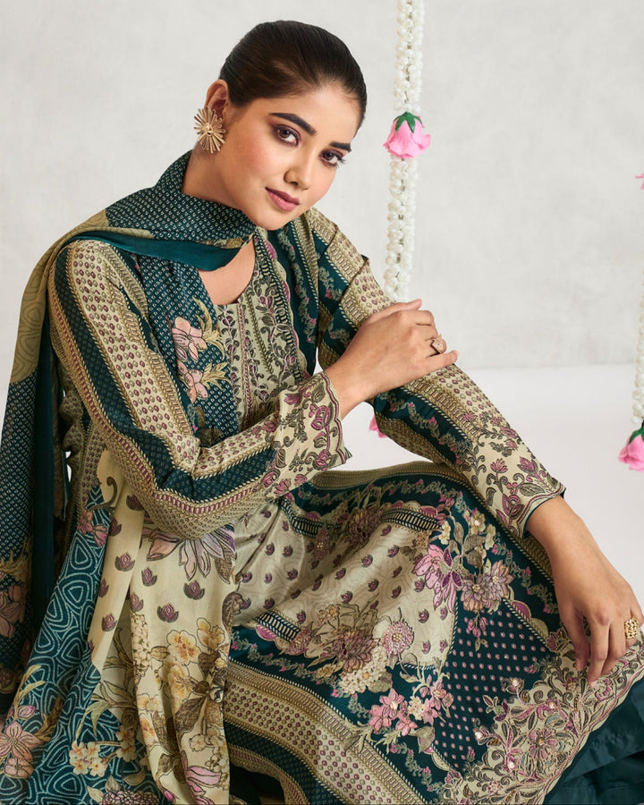 8044A-Elegant Beige Muslin Suit Set with Delicate Floral Print & Dupatta