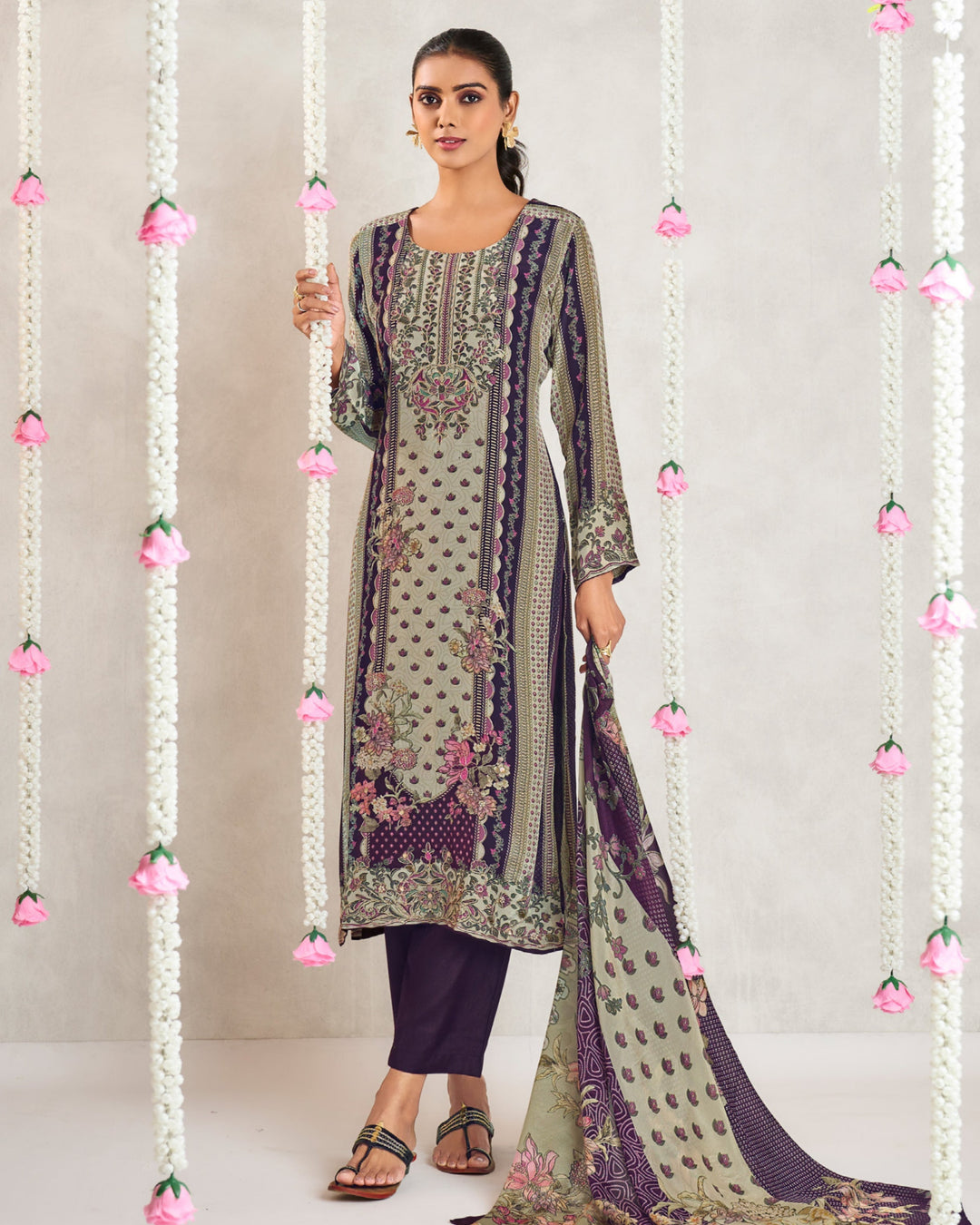 8044B-Elegant Beige Muslin Suit Set with Delicate Floral Print & Dupatta