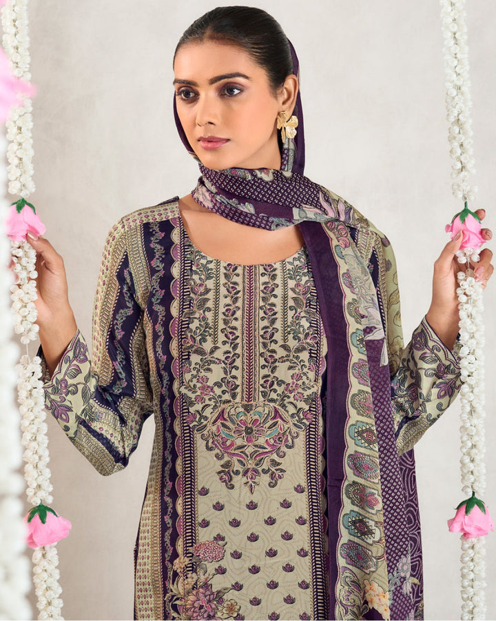 8044B-Elegant Beige Muslin Suit Set with Delicate Floral Print & Dupatta