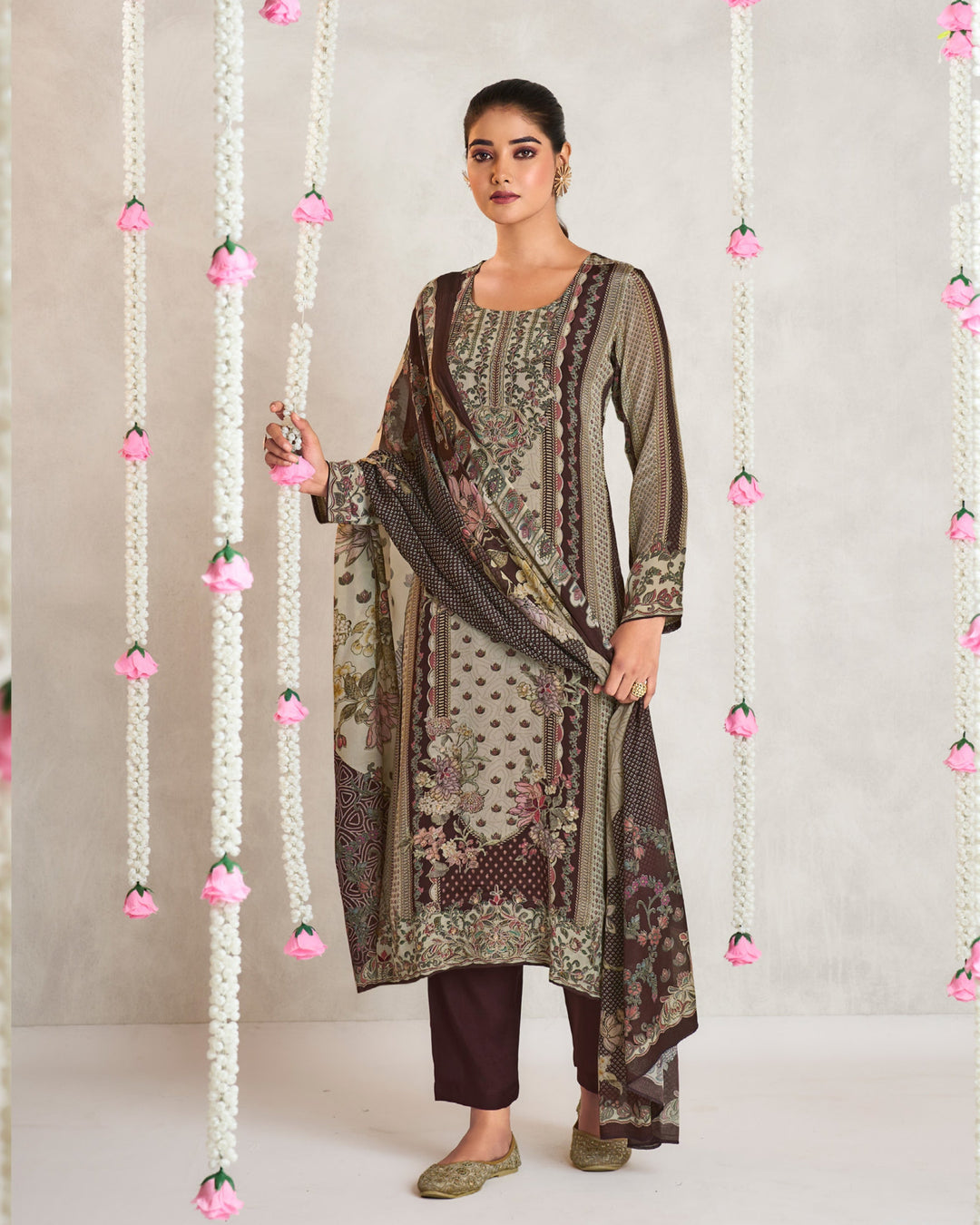 8044C-Elegant Beige Muslin Suit Set with Delicate Floral Print & Dupatta