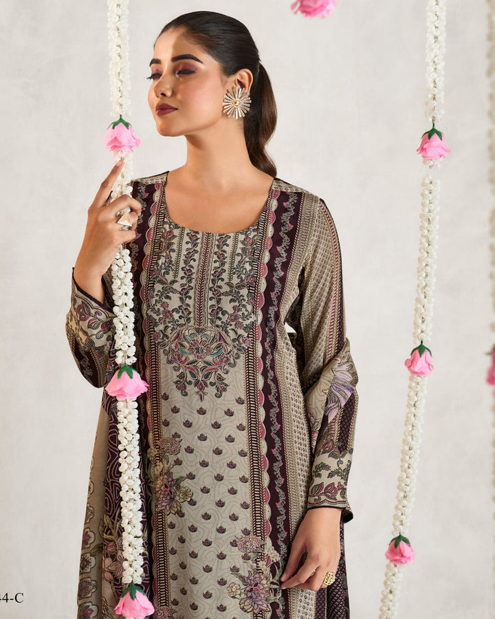 8044C-Elegant Beige Muslin Suit Set with Delicate Floral Print & Dupatta
