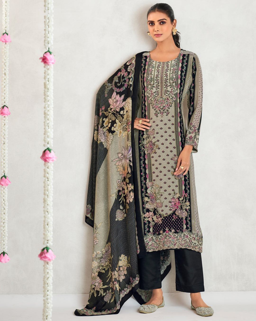 8044D-Elegant Beige Muslin Suit Set with Delicate Floral Print & Dupatta