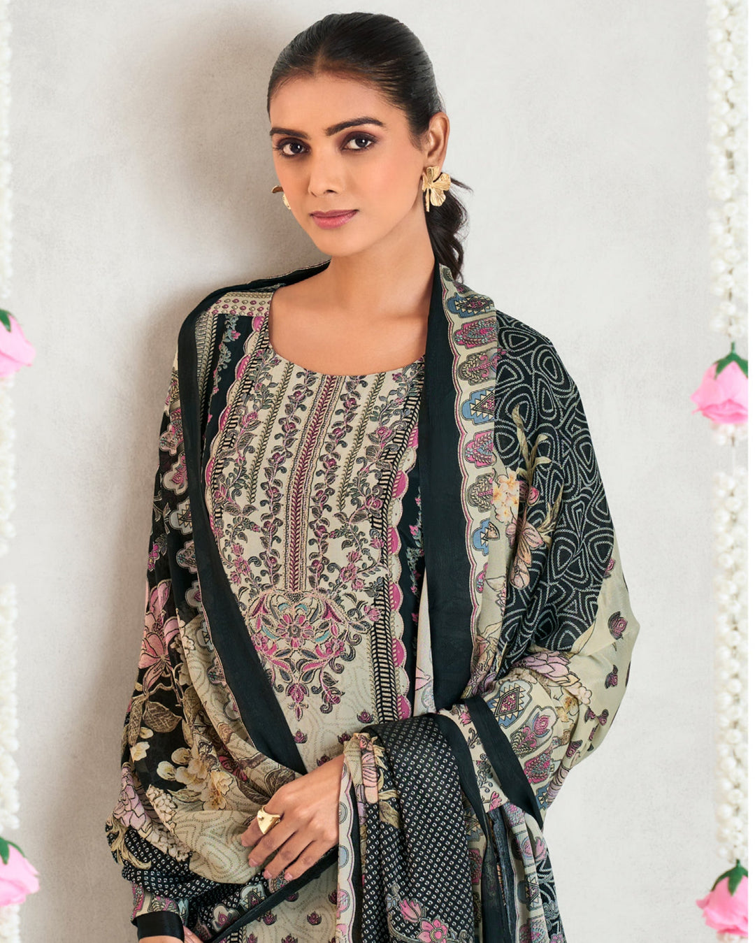 8044D-Elegant Beige Muslin Suit Set with Delicate Floral Print & Dupatta