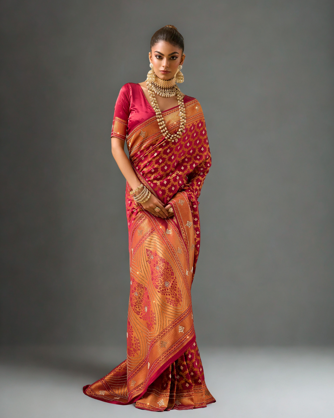 Nayantara – Maroon Banarasi Silk Saree with Gold Zari Pallu | Fazals