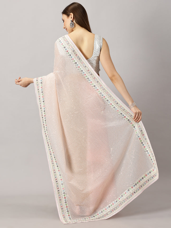 Sia - Organza Pink Thread work Embroidered Saree