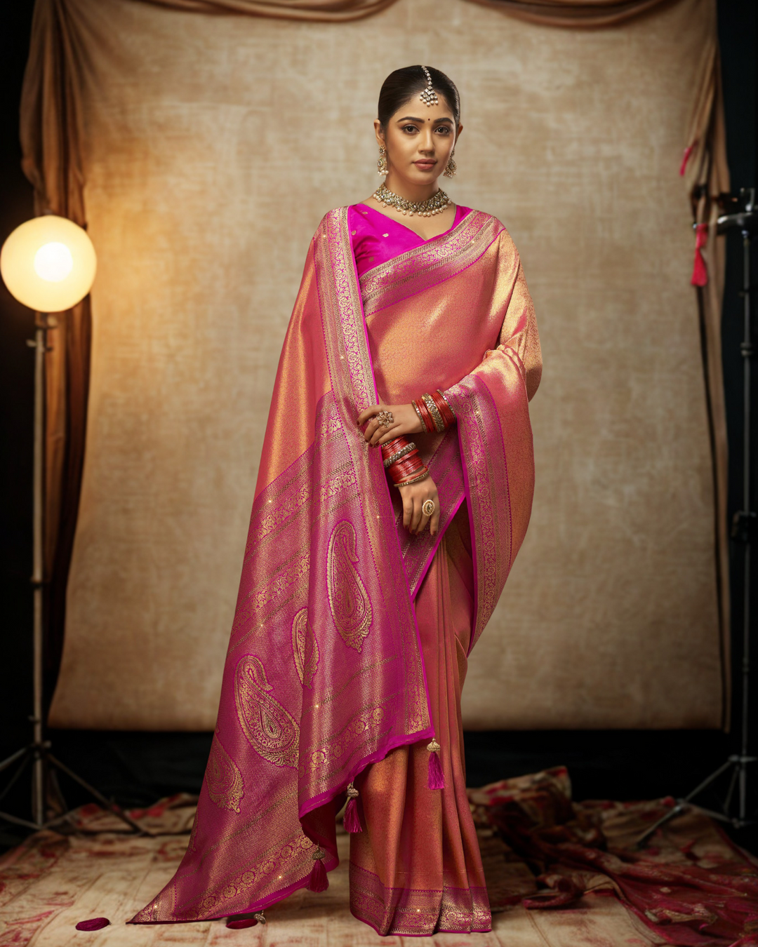 Ridhima – Pink Banarasi Silk Saree with Zari Pallu & Tassels | Fazals