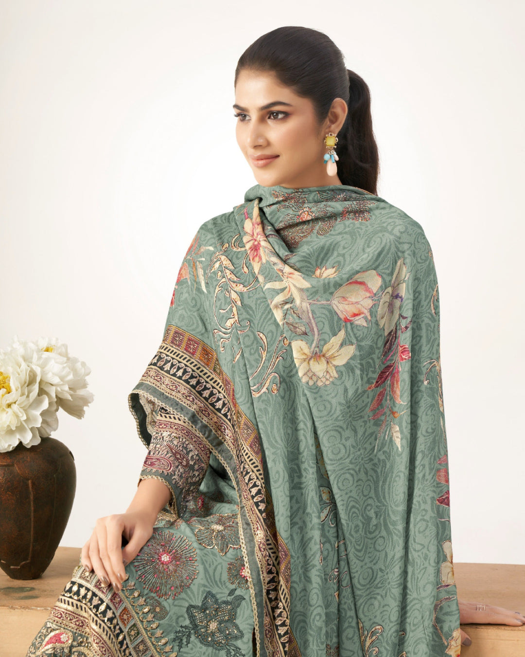 43971 - Printed Muslin Embroidered Suit With Muslin Duppatta