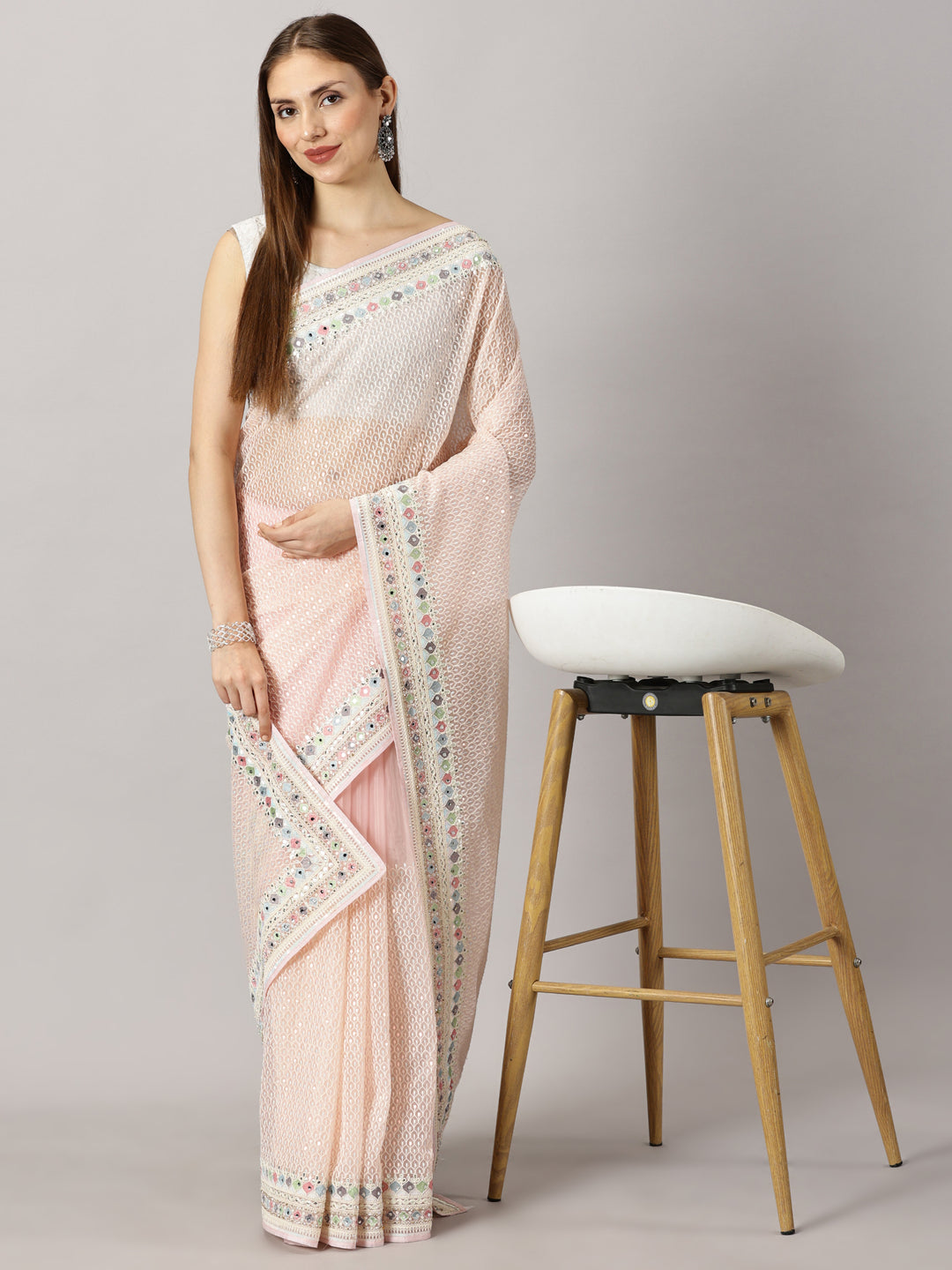 Sia - Organza Pink Thread work Embroidered Saree