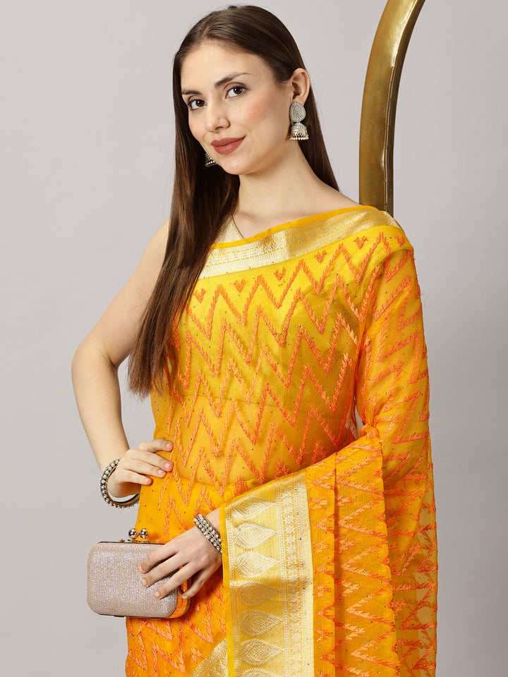 Aarohi  - Organza Yellow Zari Embroidered Saree