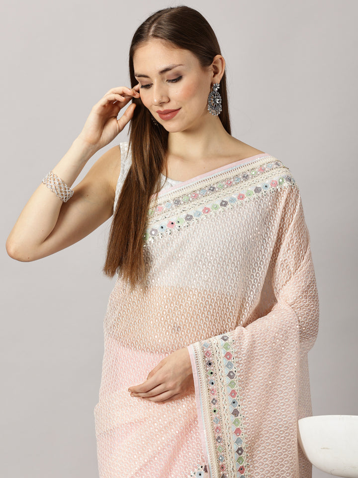 Sia - Organza Pink Thread work Embroidered Saree