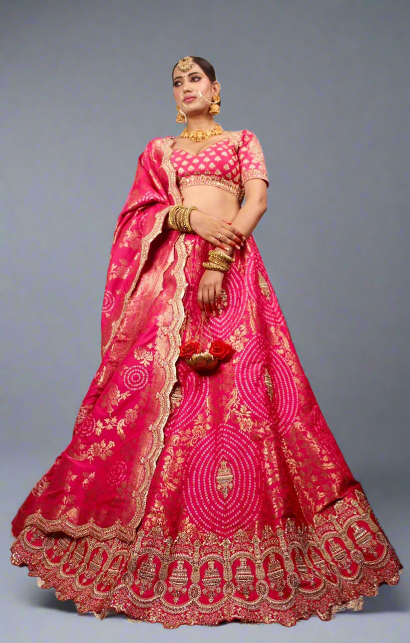 Rani Pink Zariwork Banarasi Lehenga Semi Stitched