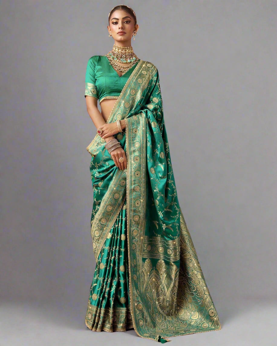 Ishita – Emerald Green Banarasi Silk Saree with Swarovski & Zari Work | Fazals