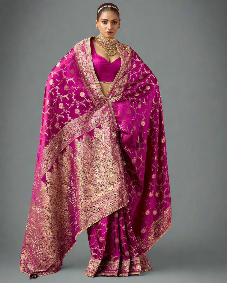 Vanya – Fuchsia Pink Banarasi Silk Saree with Swarovski & Zari Embroidery | Fazals