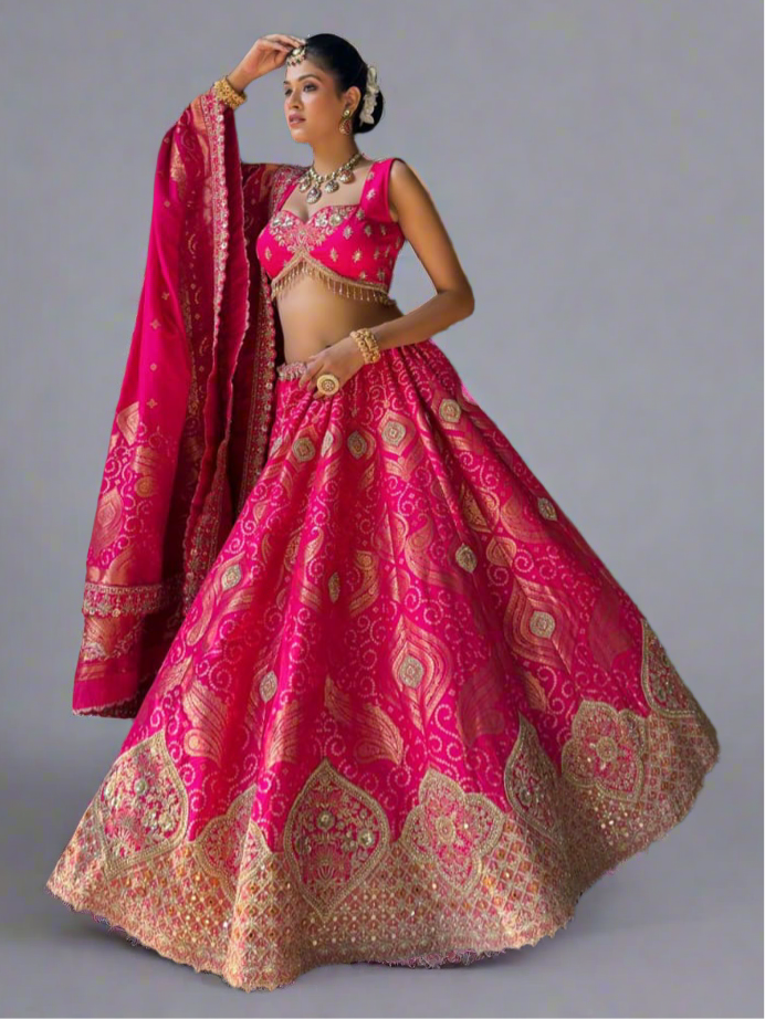 Rani Pink Banarasi Lehenga Semi Stitched