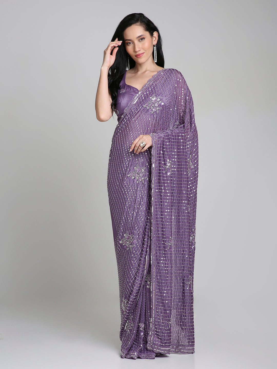 Ishita – Plum Purple Shimmer Net Saree with Sequin Embroidery | Fazals