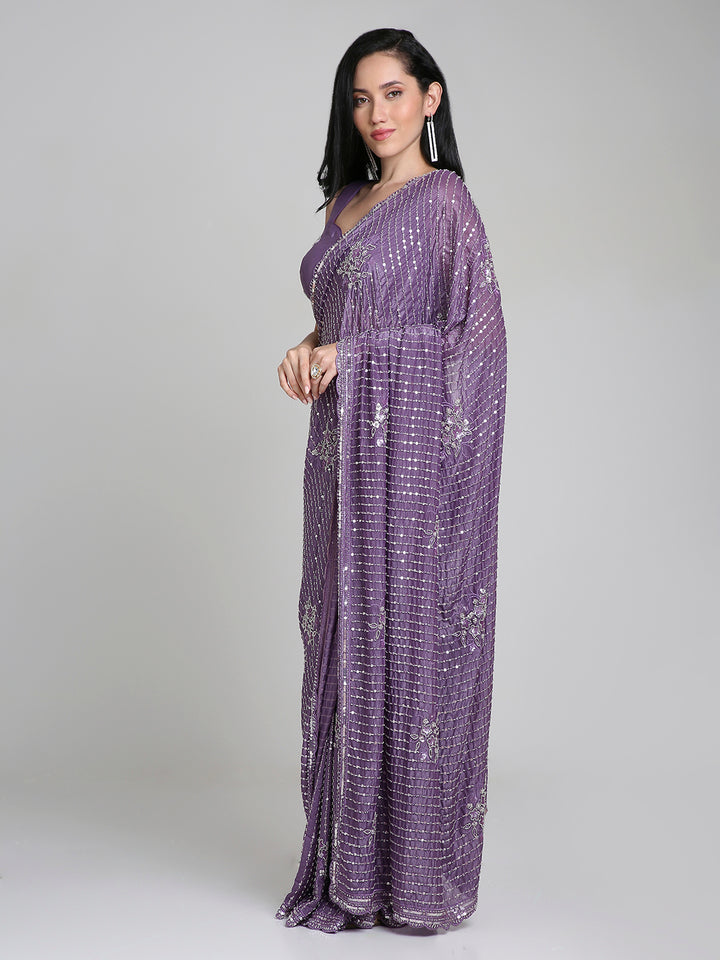 Ishita – Plum Purple Shimmer Net Saree with Sequin Embroidery | Fazals