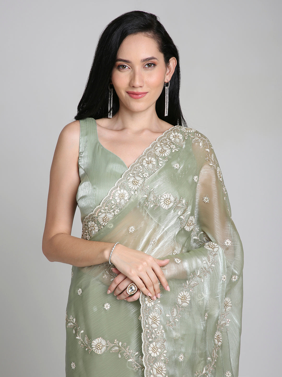 Ishira – Sage Green Embroidered Chiffon Saree with Pearl Lace Border | Fazals