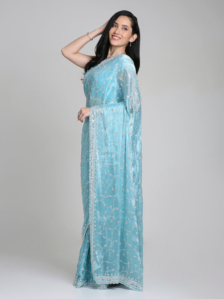 Aleya – Ice Blue Chinnon Saree with Sequin Embroidery | Fazals