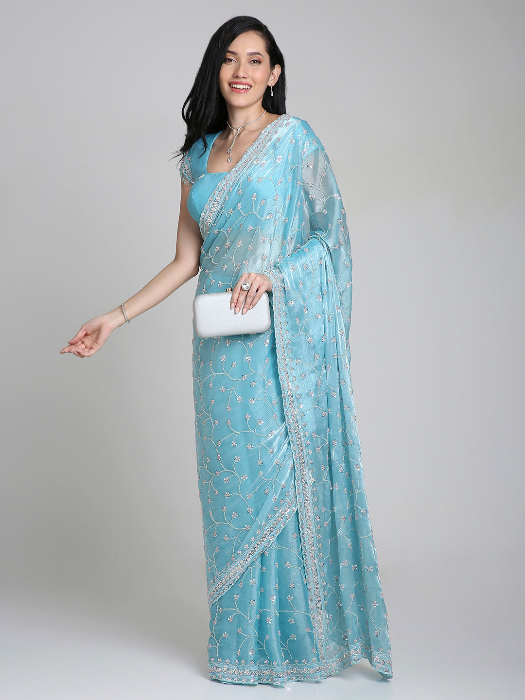 Aleya – Ice Blue Chinnon Saree with Sequin Embroidery | Fazals