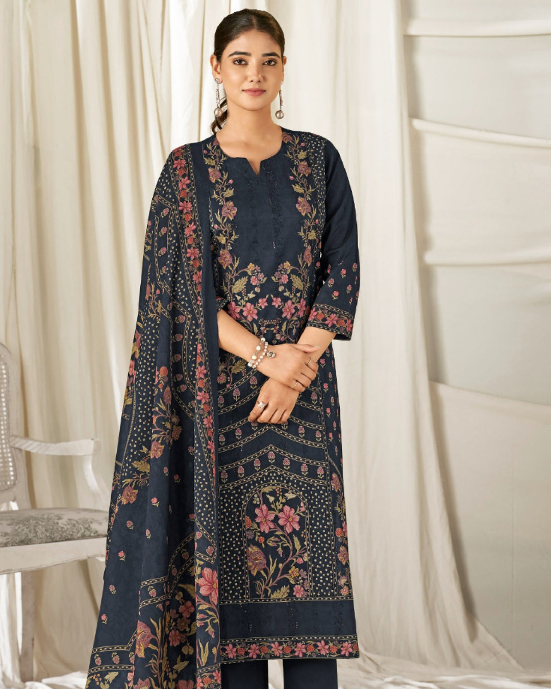 43991 - Printed Cotton Embroidered Suit With Cotton Duppatta