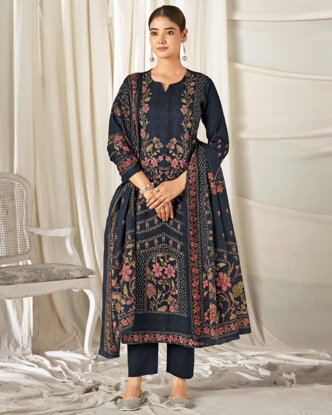 43991 - Printed Cotton Embroidered Suit With Cotton Duppatta