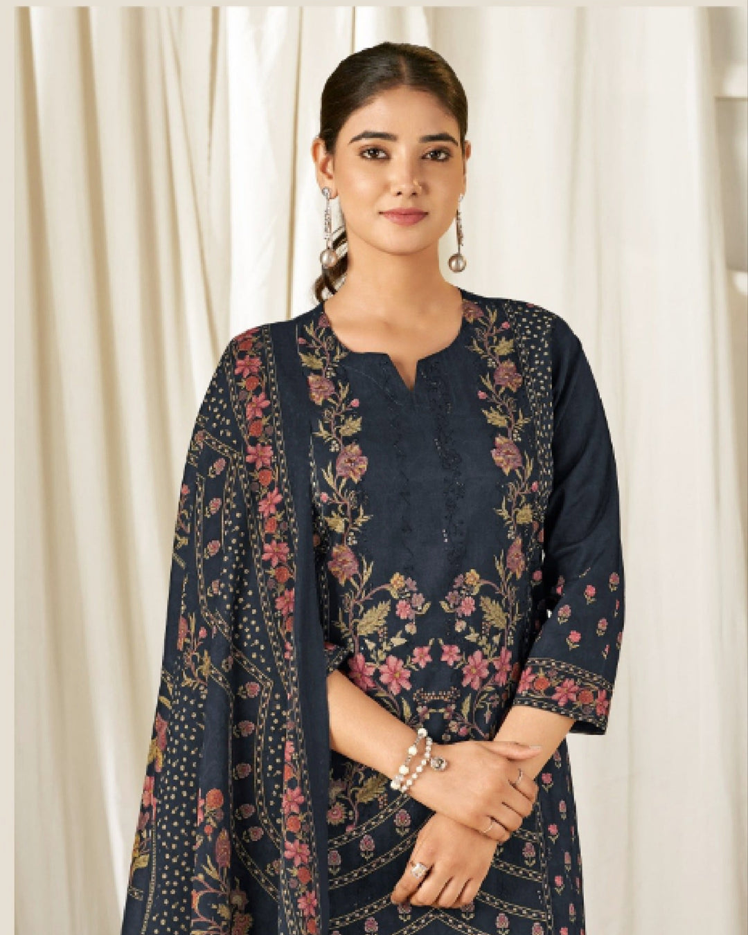 43991 - Printed Cotton Embroidered Suit With Cotton Duppatta