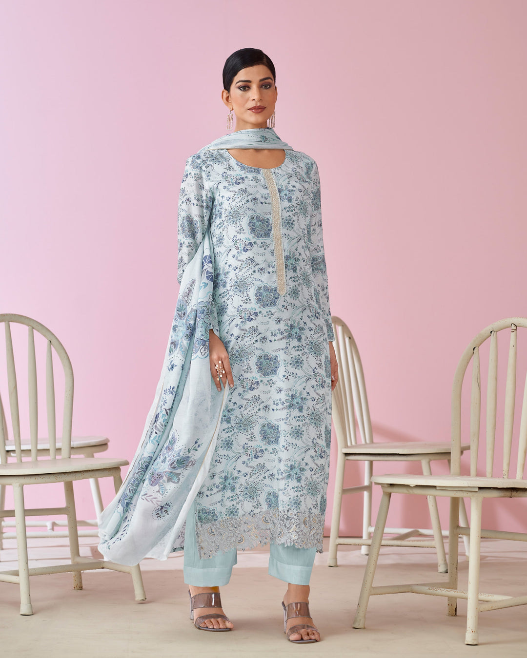 1923 - Elegant Blue Muslin Suit Set with Delicate Floral Print & Dupatta