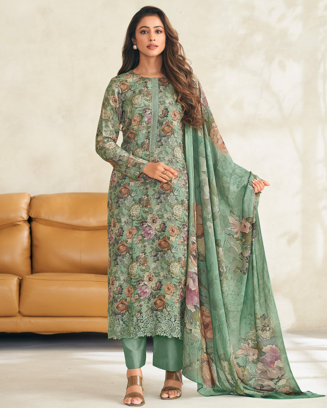 5209A - Elegant Green Muslin Suit Set with Delicate Floral Print & Dupatta