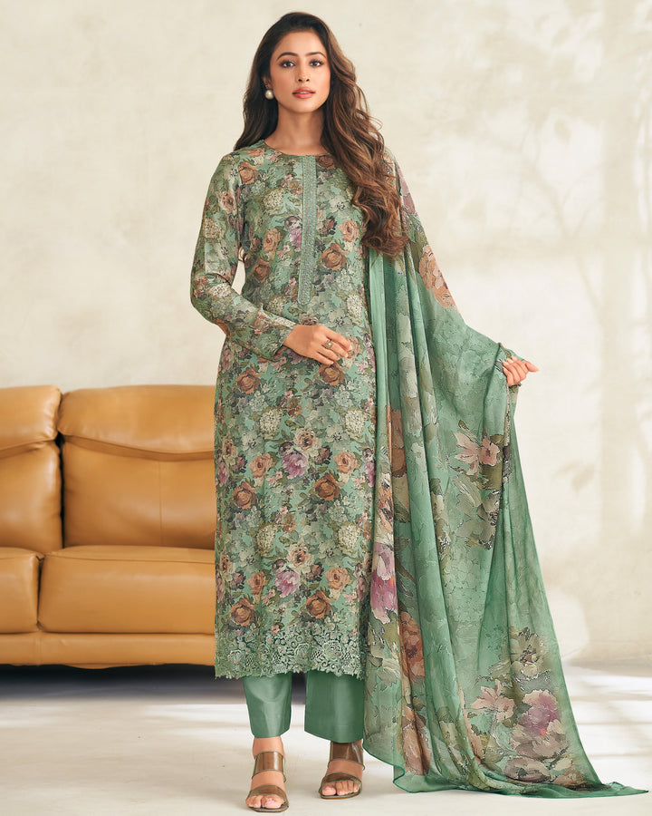 5209A - Elegant Green Muslin Suit Set with Delicate Floral Print & Dupatta