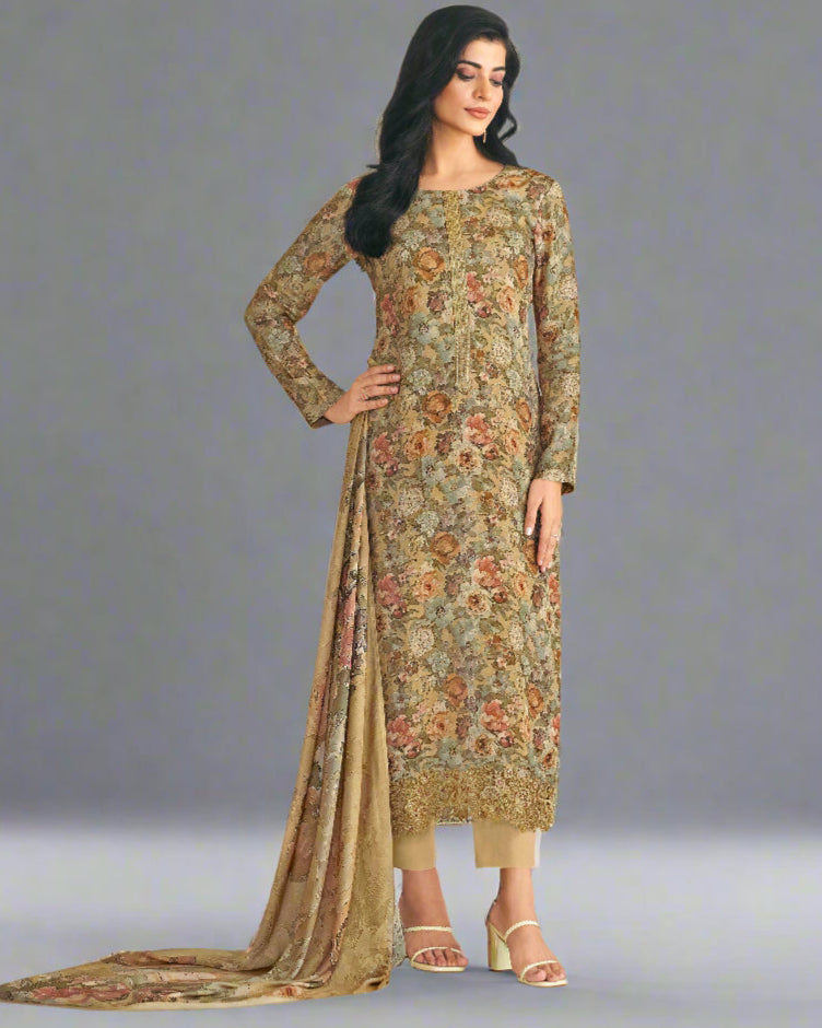 5209B - Elegant Peach Muslin Suit Set with Delicate Floral Print & Dupatta