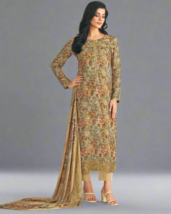 5209B - Elegant Peach Muslin Suit Set with Delicate Floral Print & Dupatta