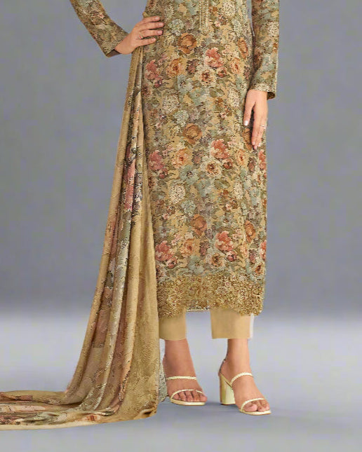 5209B - Elegant Peach Muslin Suit Set with Delicate Floral Print & Dupatta