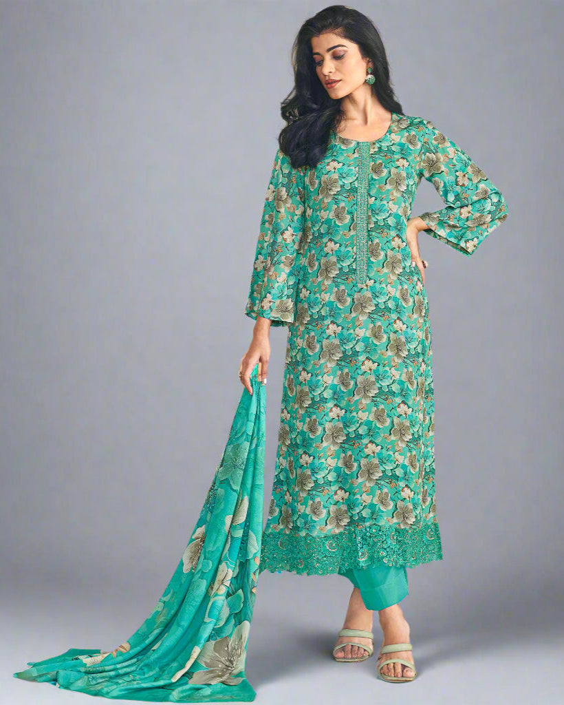 5006- Elegant Green Muslin Suit Set with Delicate Floral Print & Dupatta