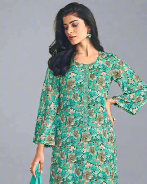 5006- Elegant Green Muslin Suit Set with Delicate Floral Print & Dupatta