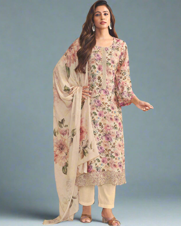 5007- Elegant Cream Muslin Suit Set with Delicate Floral Print & Dupatta