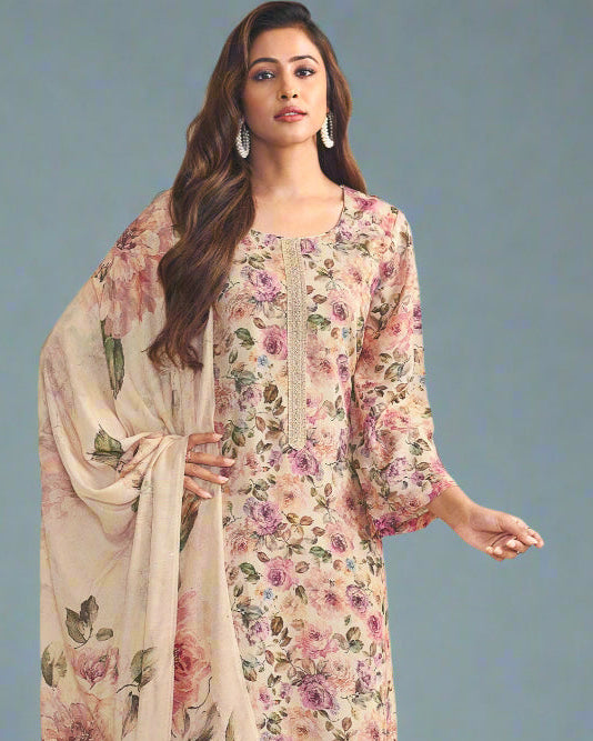 5007- Elegant Cream Muslin Suit Set with Delicate Floral Print & Dupatta