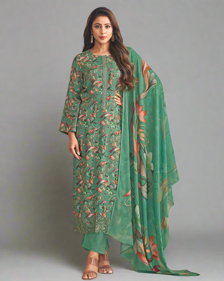 5008- Elegant Green Muslin Suit Set with Delicate Floral Print & Dupatta