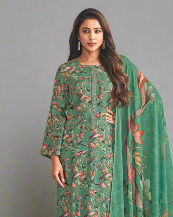 5008- Elegant Green Muslin Suit Set with Delicate Floral Print & Dupatta