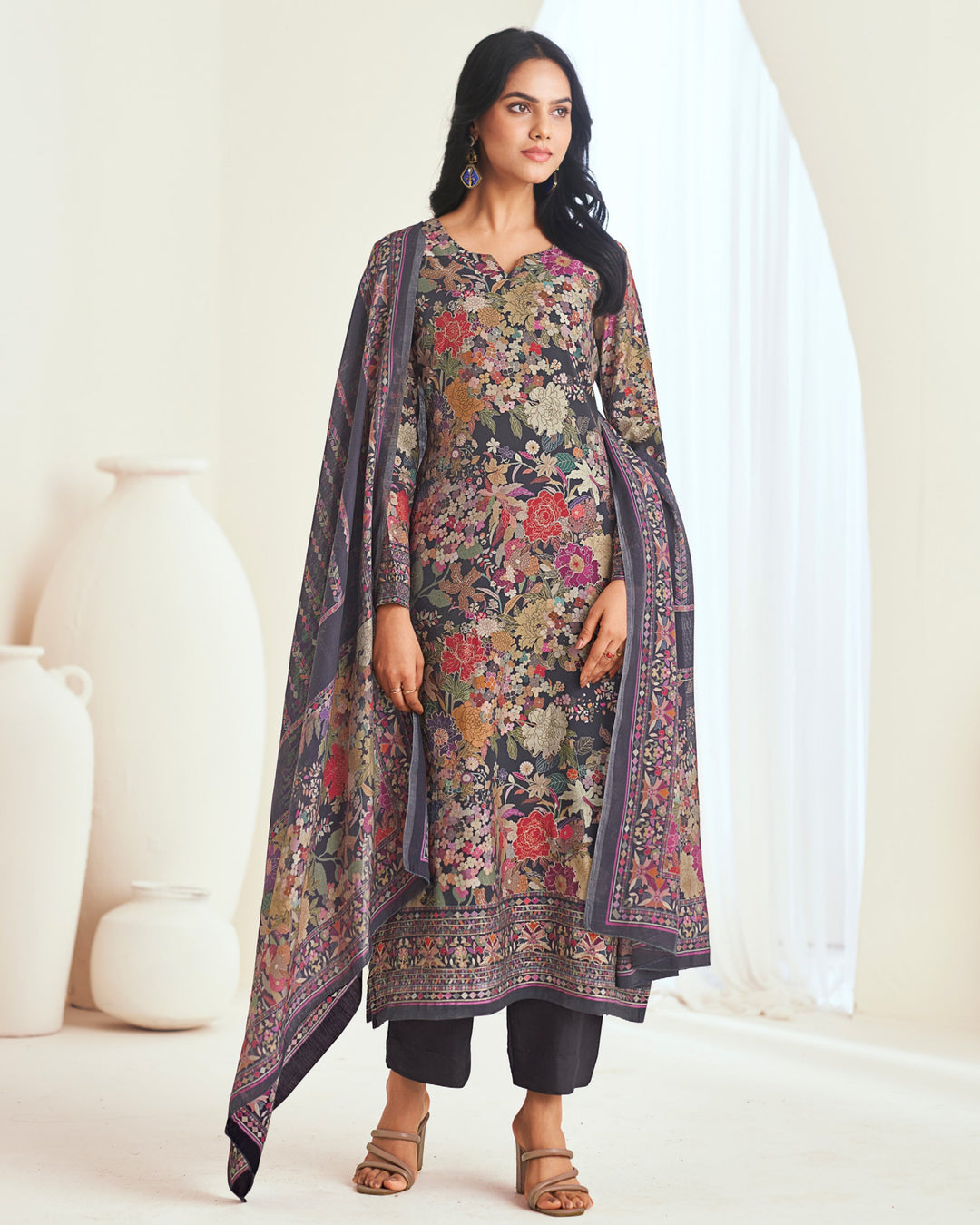 9140D-Elegant Purple Muslin Suit Set with Delicate Floral Print & Dupatta