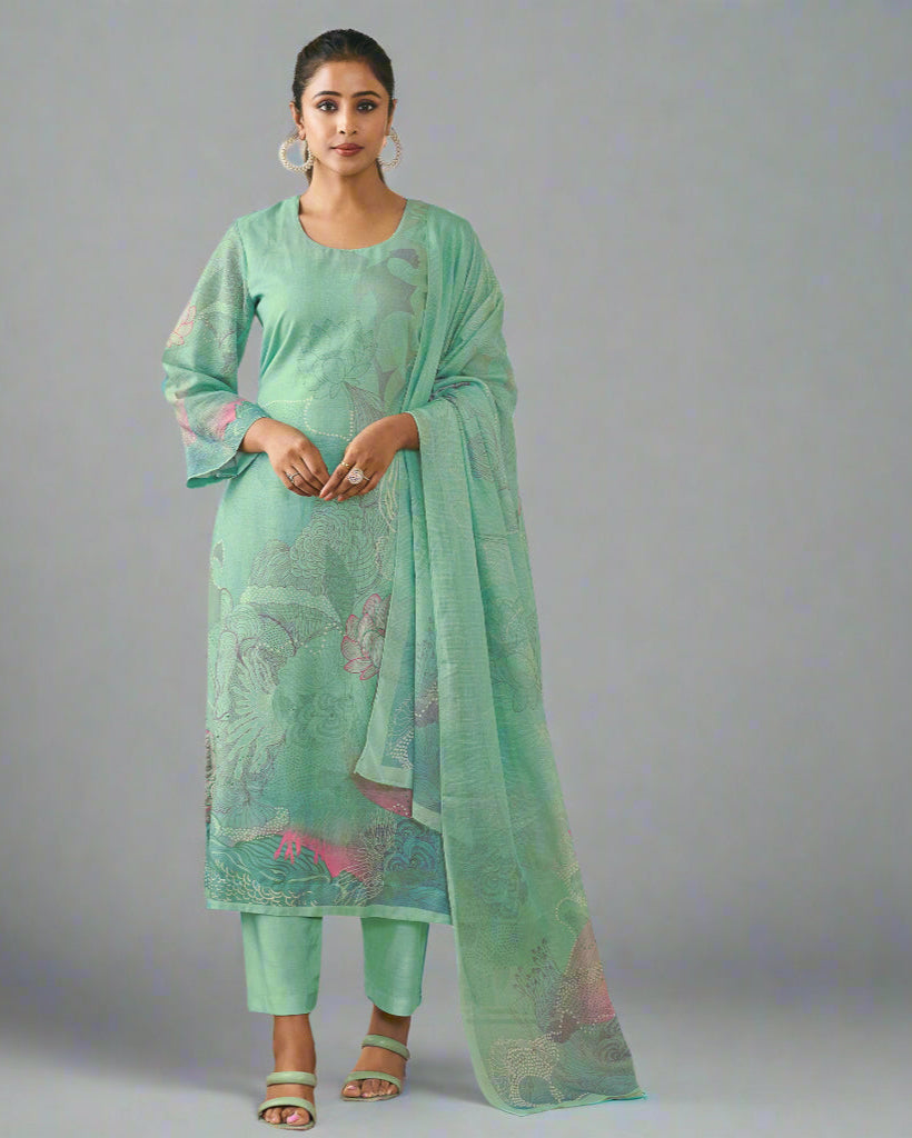 Mint Green Muslin Floral Print Suit
