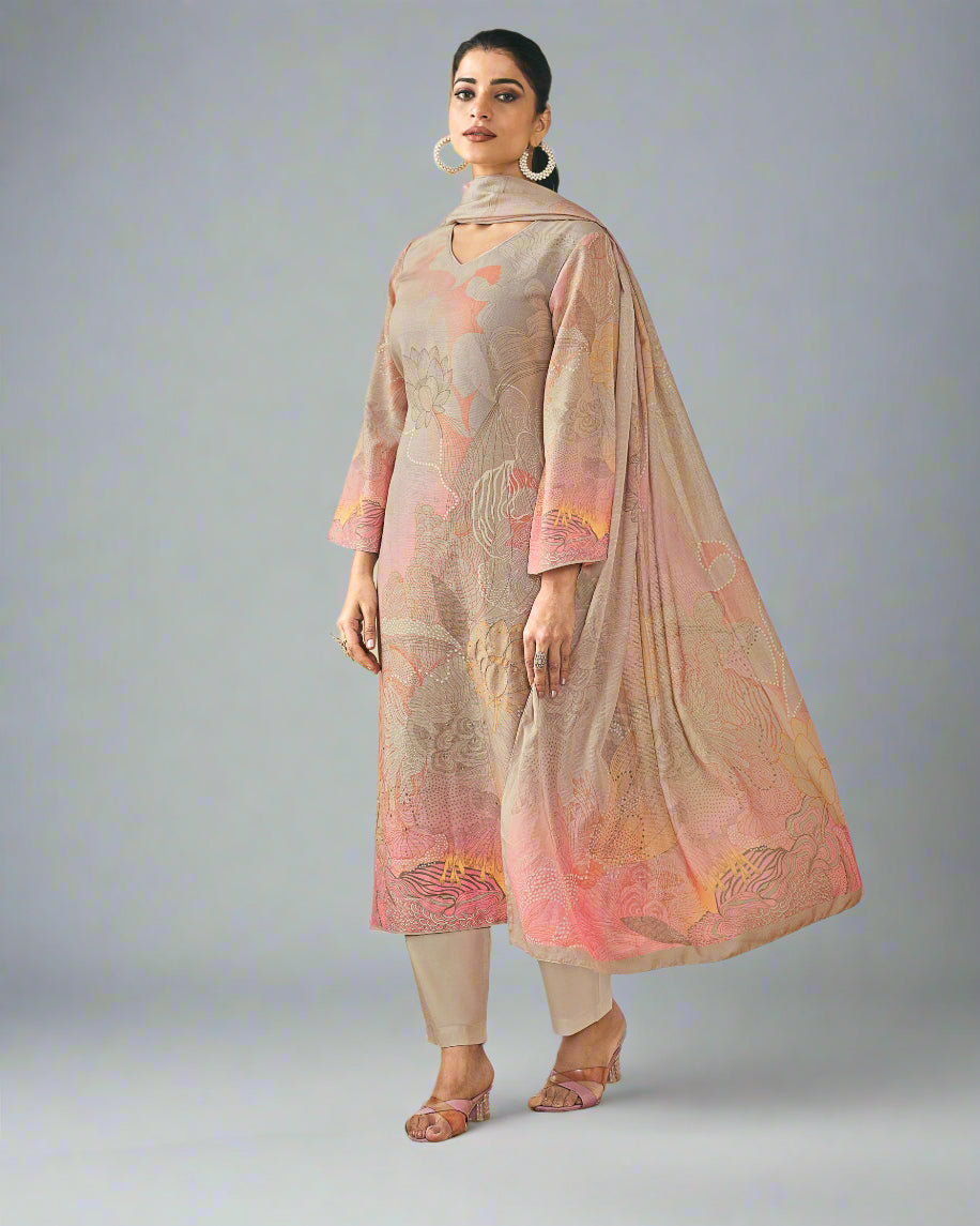 8110B-Dusty Rose & Beige Printed Linen Suit Set with Dupatta – Soft Glam Ethnic Ensemble